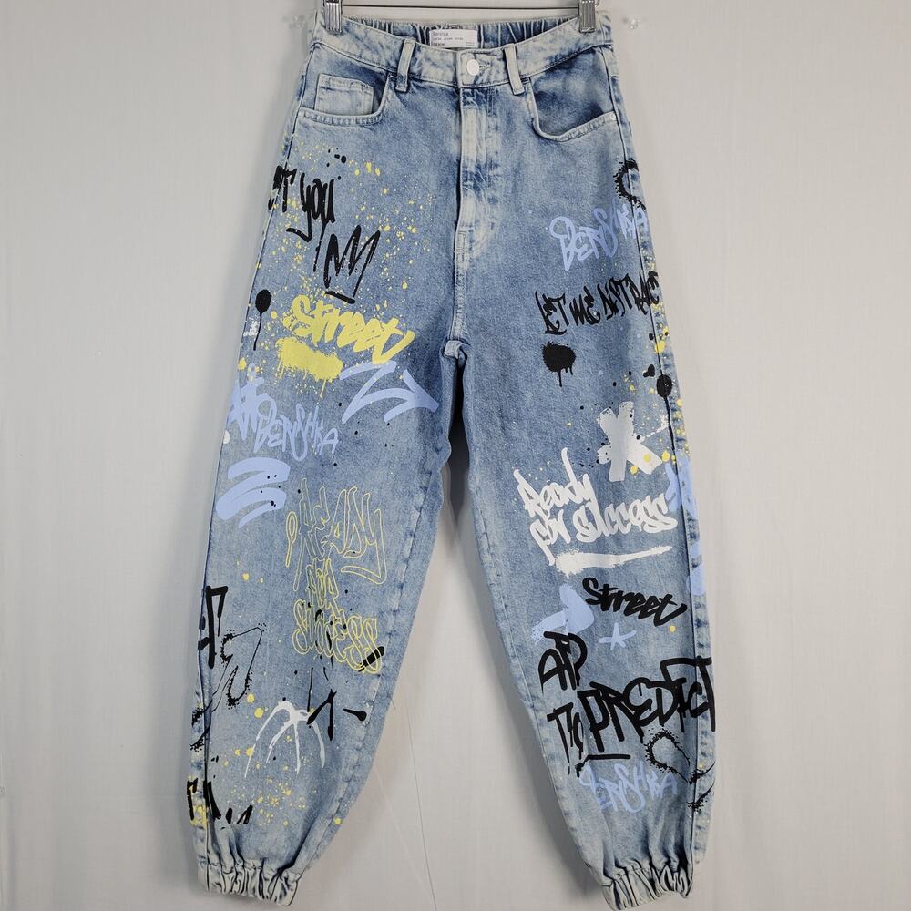 Bershka Graffiti Denim Jogger Jeans women's size 4  Casual Streetwear 5-Pockets